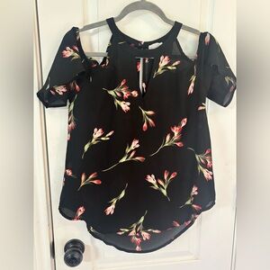 Sienna Sky Black Cold-Shoulder Blouse with Pink Floral Print size Small